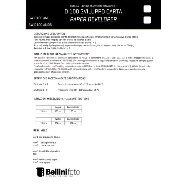 Bellini D100 Sviluppo Carta Eco Bianco & Nero (500ml) Bellini D100 Sviluppo Carta Eco Bianco & Nero (500ml)